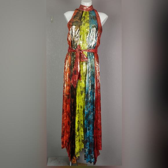 ALICE + OLIVIA Mertie Mock Neck Pleated Silk-Blend Maxi Striped Dress Size 8 - Picture 2 of 16